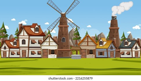 Ancient medieval village background illustration