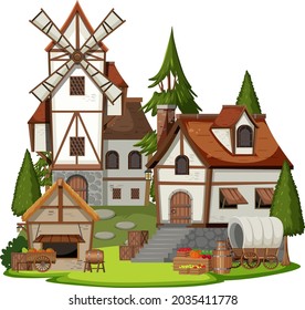 Ancient medieval village isolated on white background illustration
