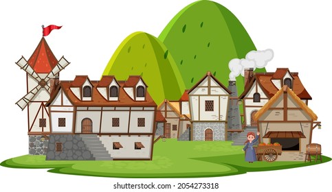 Ancient medieval village isolated on white background illustration