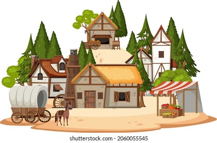 Ancient medieval village isolated on white background illustration