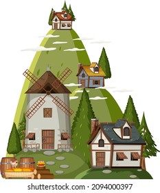 Ancient medieval village isolated on white background illustration
