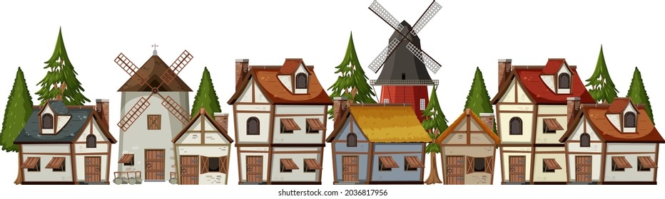 Ancient medieval village on white background illustration