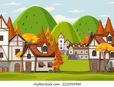 Ancient medieval village scene illustration