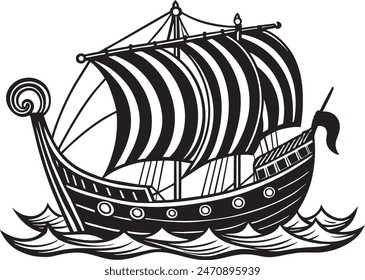 An ancient merchant ship with sails decorated with Slavic ornaments on waves