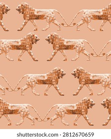 Ancient Mesopotamian Lion Seamless Pattern Inspired by Assyrian Relief Sculpture, Historical Stone Wall Motif and Archaeological Textile Design