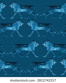 Ancient Mesopotamian Lion Seamless Pattern Inspired by Assyrian Relief Sculpture, Historical Stone Wall Motif and Archaeological Textile Design