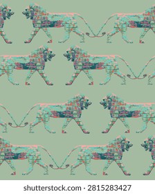 Ancient Mesopotamian Lion Seamless Pattern Inspired by Assyrian Relief Sculpture, Historical Stone Wall Motif and Archaeological Textile Design