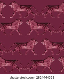 Ancient Mesopotamian Lion Seamless Pattern Inspired by Assyrian Relief Sculpture, Historical Stone Wall Motif and Archaeological Textile Design