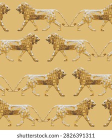 Ancient Mesopotamian Lion Seamless Pattern Inspired by Assyrian Relief Sculpture, Historical Stone Wall Motif and Archaeological Textile Design