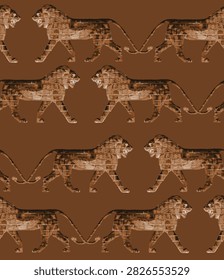 Ancient Mesopotamian Lion Seamless Pattern Inspired by Assyrian Relief Sculpture, Historical Stone Wall Motif and Archaeological Textile Design
