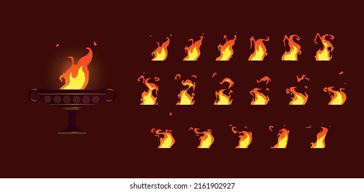 Ancient metal  burning fire vector set.  Cartoon elements for pc game, flaming torchlight or lighting flambeau isolated icons