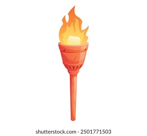 Ancient metal Medieval torch with burning fire. Cartoon element for pc game, flaming torchlight or lighting flambeau. Vector isolated illustration.