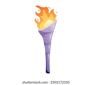 Ancient metal silver Medieval torch with burning fire. Cartoon element for pc game, flaming torchlight or lighting flambeau. Vector isolated illustration.