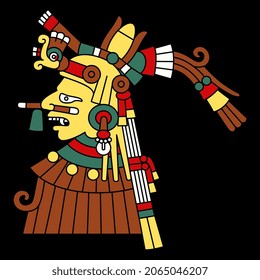 Antiguo dios o diosa azteca mexicano. Ilustración del códice. Arte nativo americano. Ilustración vectorial aislada. Sobre fondo negro. 