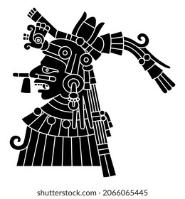 Ancient Mexican Aztec god or goddess. Codex illustration. Native American art. Black and white negative silhouette. 