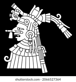 Antiguo dios o diosa azteca mexicano. Ilustración del códice. Arte nativo americano, silueta blanca y negra. 