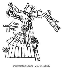 Antiguo dios o diosa azteca mexicano. Ilustración del códice. Arte nativo americano. Dibujo a mano de un dibujo lineal de doodle en bruto. Silueta negra de fondo blanco.