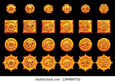 Ancient Mexican mythology golden symbols isolated. American aztec, mayan culture native totem. Vector icons.