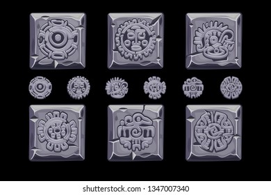 Ancient Mexican mythology symbols isolated on stone square. American aztec, mayan culture native totem. Vector icons. Objects on a separate layer.