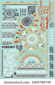 Ancient Mexican ornament poster. Aztec symbols, Maya elements, African print on abstract tribal pattern. Wall art, interior decoration in boho style. Ethnic background. Flat vector illustration