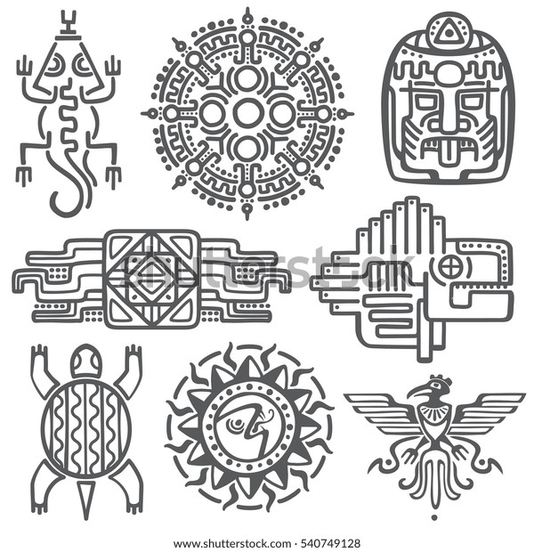 Ancient mexican vector mythology\
symbols. american aztec, mayan culture native totem patterns. Aztec\
and mexican tattoo, illustration of mayan symbol\
tattoo.