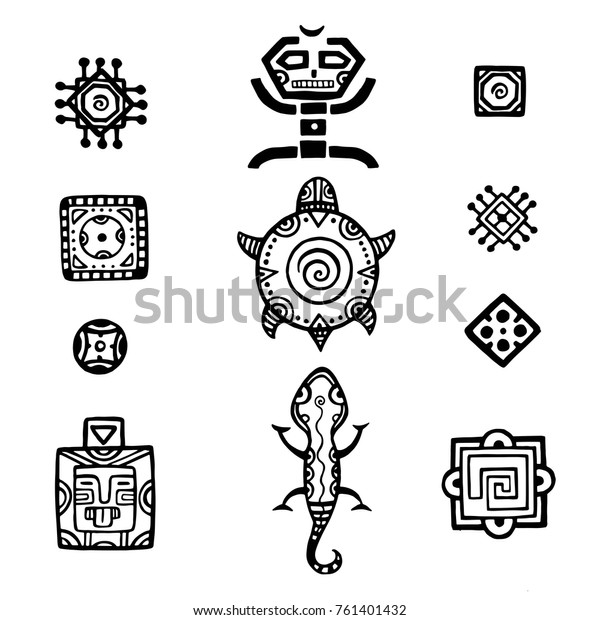 古代メキシコのベクター神話のシンボル アメリカのアステカ文化 マヤ文化の原産のトーテム柄 アステカ族とメキシコ人のタトゥー マヤ族のシンボルのタトゥーの イラスト デザインに合わせて のベクター画像素材 ロイヤリティフリー