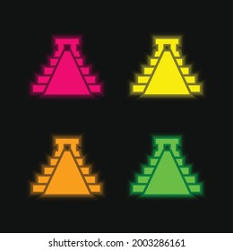 Ancient Mexico Pyramid Shape four color glowing neon vector icon
