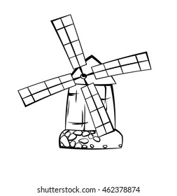 Ancient mill symbol for bakery label.. Windmill icon or sign isolated on white background. 