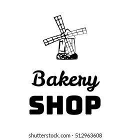 Ancient mill symbol for bakery label.. Windmill Bakery Shop. vintage label with chocolate cupcake. filigree ornate frame.