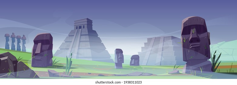 Ancient moai statues and mayan pyramids in fog