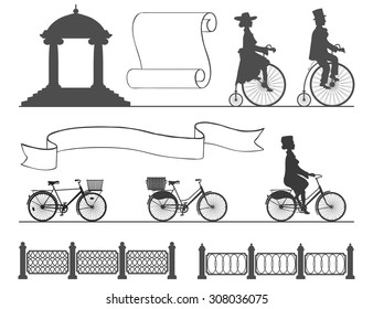 from the ancient to the modern bicycle without changing habits
vintage and modern bikes on a white background next to the fences and ribbons