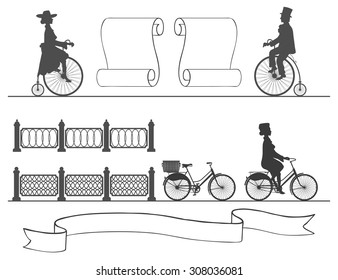 from the ancient to the modern bicycle without changing habits
vintage and modern bikes on a white background next to the fences and ribbons