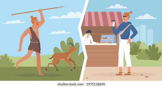 Ancient, modern man life evolution comparison vector illustration. Cartoon primitive cave hunter young male character with stone spear hunting, guy holding coffee cup walking in street market