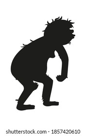 Ancient monkey or homo erectus black silhouette, human ancestor cartoon vector illustration. Tailless great ape, primates, one of stages in Darwin evolutionary theory, isolated on white background