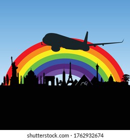 ancient monument with airplane illustration in colorful