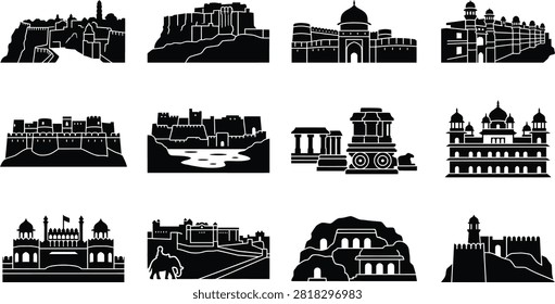 Ancient monuments of india featuring palaces and stone forts.