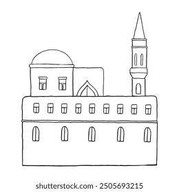 Antiguo edificio marroquí o de Arabia Saudita con torre y cúpula en Ilustración vectorial plana simple. Casa religiosa de línea blanca y negra en países islámicos esbozo para diseños turísticos y de viajes