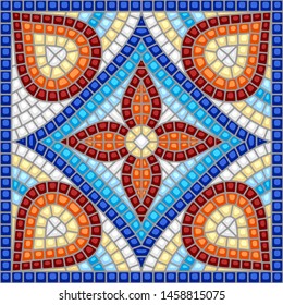 Ancient mosaic ceramic tile pattern. Colorful tessellation ornament. Floral decorative texture.