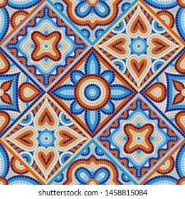 Ancient mosaic ceramic tile pattern. Colorful tessellation ornament. Floral decorative texture.