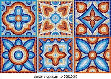 Ancient mosaic ceramic tile pattern. Colorful tessellation ornament. Floral decorative texture.