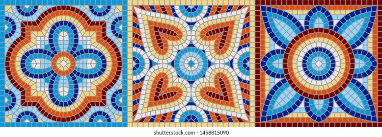 Ancient mosaic ceramic tile pattern. Colorful tessellation ornament. Floral decorative texture.