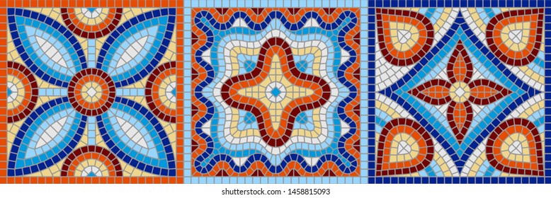 Ancient mosaic ceramic tile pattern. Colorful tessellation ornament. Floral decorative texture.