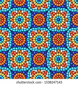 Ancient mosaic ceramic tile pattern. Decorative glass ornament. Abstract antique texture.