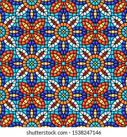Ancient mosaic ceramic tile pattern. Decorative glass ornament. Abstract antique texture.