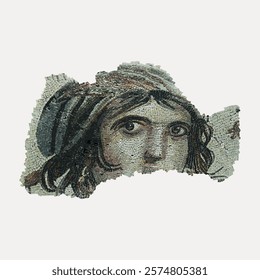 Ancient mosaic fragment depicting a woman's face. The mosaic art features intricate details, showcasing the woman's expressive eyes and delicate features.