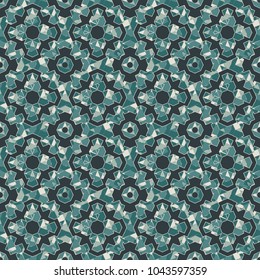 Ancient mosaic wallpaper with floral motif. Eclectic ceramic tile ornament. Ethnic style symmetric geometric seamless surface pattern. Vintage style abstract background. Digital paper. Vector art