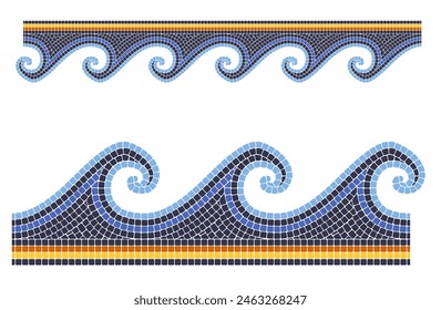 Ancient mosaic wave, seamless sea border in portuguese style, decorative tessellation stone ornament, vector