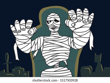 An ancient mummy comes back to life and comes out from its tomb in a darkened place with ancient Egyptian objects. Editable Clip Art.