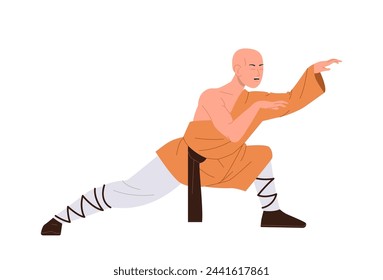 Ancient muscular Shaolin monk standing in kung fu fighting position isolated on white background