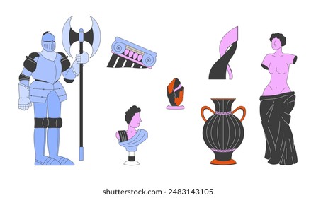 Ancient museum artifacts 2D linear cartoon objects set. Knight armor, mineral, vase, sculptures isolated line vector elements white background. Art exhibition color flat spot illustration collection